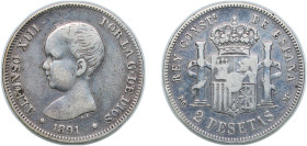 Spain Kingdom 1891 PGM 2 Pesetas - Alfonso XIII (1st portrait) Silver (.835) Madrid Mint (93000) 9.9g VF KM 692