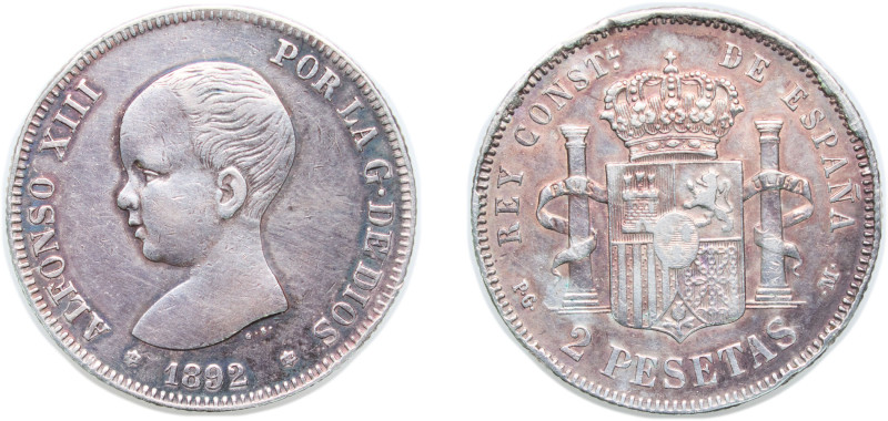 Spain Kingdom 1892 *18-92 PGM 2 Pesetas - Alfonso XIII (1st portrait) Silver (.8...