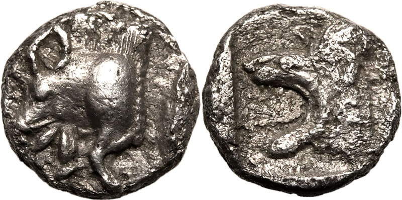 ANCIENT GREECE. MYSIA, KYZIKOS. 
Silver hemiobol, circa 450-400 BC. 
Obv: fore...