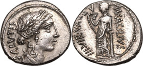 Roman Republic & Imperatorial Man. Acilius Glabrio 49 BC AR Denarius Extremely Fine; area of weakness, otherwise wonderful, with underlying lustre and...