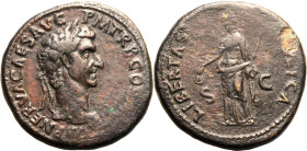 Roman Empire Nerva AD 97 Æ Sestertius About Good Very Fine; cleaning marks, some tooling, area of weakness, clear portrait