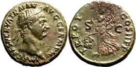 Roman Empire Trajan AD 98-99 Æ As Good Very Fine; roughness to rev., attractive green patina