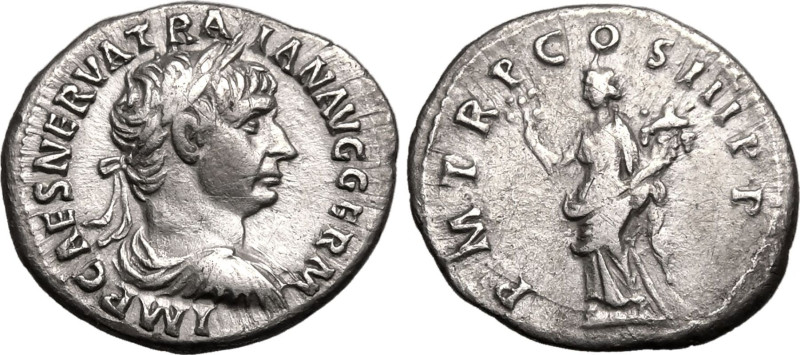 ROMAN EMPIRE. Trajan. 
Silver denarius, AD 100. Rome. 
Obv: IMP CAES NERVA TRA...