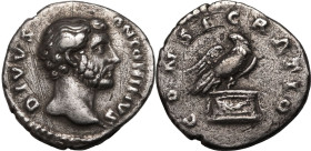 Roman Empire Divus Antoninus Pius after AD 161 AR Denarius Good Very Fine; minor scratches to obv., nicely toned