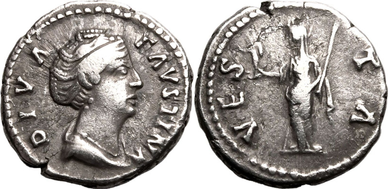 ROMAN EMPIRE. Diva Faustina I (wife of Antoninus Pius). 
Silver denarius, AD 14...