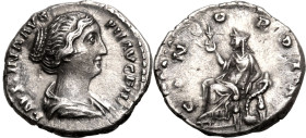 Roman Empire Faustina II (daughter of Antoninus Pius) AD 145-161 AR Denarius About Extremely Fine; subtly toned with a stunning portrait