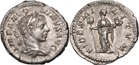 Roman Empire Elagabalus AD 218-222 AR Denarius About Extremely Fine; struck from worn dies, underlying lustre with golden highlights