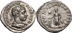 Roman Empire Elagabalus AD 218-222 AR Denarius Extremely Fine; underlying lustre with golden highlights, reverse struck on worn die