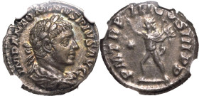 Roman Empire Elagabalus AD 220 AR Denarius NGC XF Strike: 3/5 Surface: 5/5; streaks of golden iridescence to obv