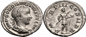 Roman Empire Gordian III AD 241 AR Denarius Good Very Fine; underlying lustre, rev. struck with worn die