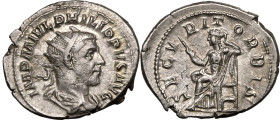 Roman Empire Philip I AD 244-247 AR Antoninianus Good Very Fine; obv. struck on worn die, with golden highlights