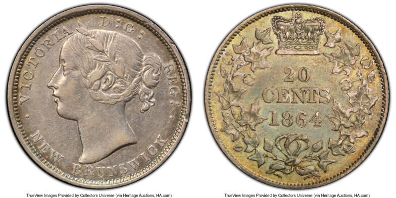New Brunswick. Victoria 20 Cents 1864 XF45 PCGS, London mint, KM9, Br-904. HID09...