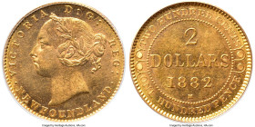 Newfoundland. Victoria gold 2 Dollars 1882-H MS62 PCGS, Heaton mint, KM5. Mild chatter to fields precludes loftier designations, nonetheless the legen...