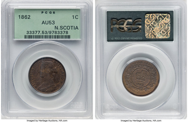 Nova Scotia. Victoria Cent 1862 AU53 PCGS, London mint, KM8.2. A gently circulat...