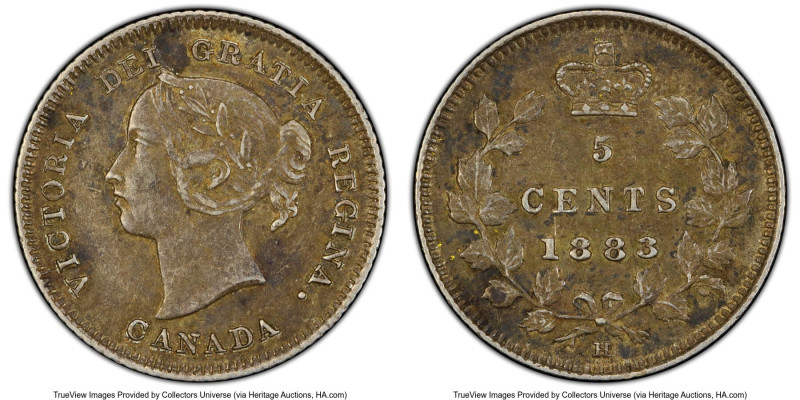 Victoria 5 Cents 1883-H AU53 PCGS, Heaton mint, KM2. A more challenging type not...