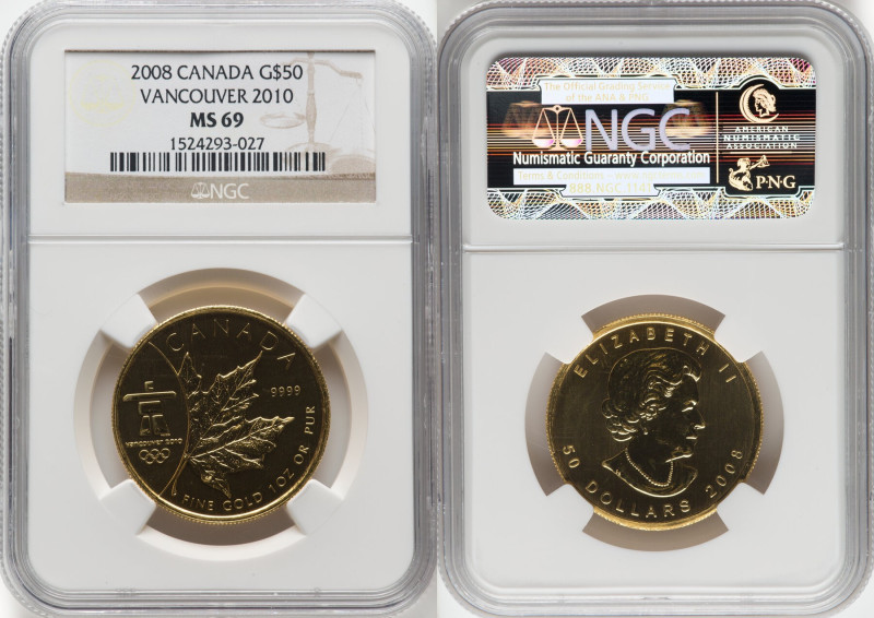 Elizabeth II gold "Vancouver Olympics 2010" 50 Dollars (1 oz) 2008 MS69 NGC, Roy...