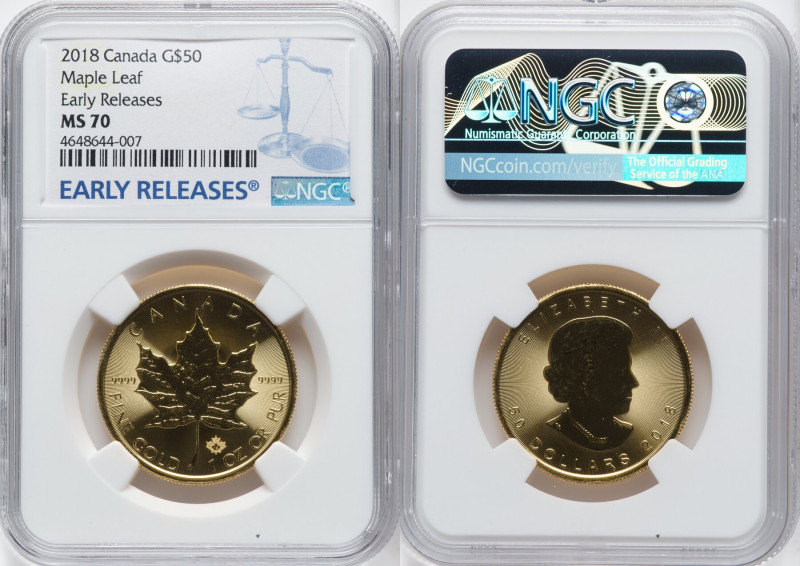 Elizabeth II gold "Maple Leaf" 50 Dollars (1 oz) 2018 MS70 NGC, KM1488. Early Re...