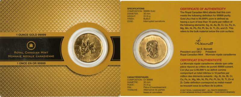 Elizabeth II gold "Maple Leaf" 200 Dollars (1 oz) 2007 UNC, Royal Canadian mint,...
