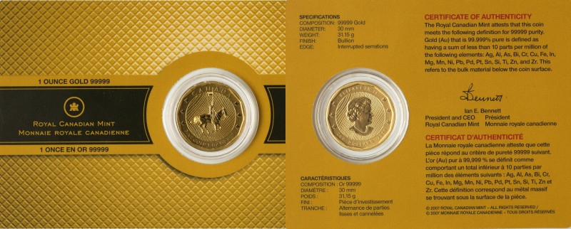 Elizabeth II gold 200 Dollars (1 oz) 2011 UNC, Royal Canadian mint, KM1165. Seal...
