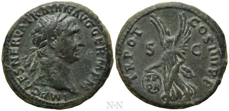 TRAJAN (98-117). As. Rome. 

Obv: IMP CAES NERVA TRAIAN AVG GERM P M. 
Laurea...