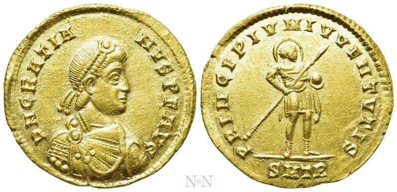 GRATIAN (367-383). GOLD Solidus. Treveri. 

Obv: D N GRATIANVS P F AVG. 
Pear...