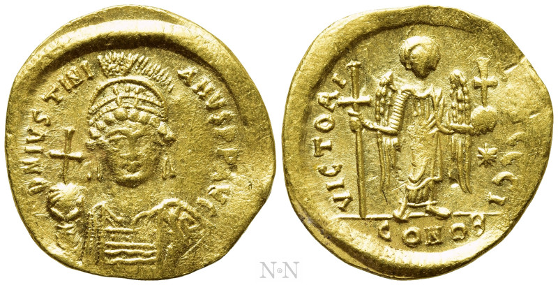 JUSTINIAN I (527-565). GOLD Solidus. Constantinople. 

Obv: D N IVSTINIANVS P ...