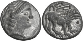 Celtic World. Cisalpine Gaul, the Veneti. AR Drachm, imitating Massalia, 3rd-2nd century BC. Obv. Head of Artemis right. Rev. Blundered legend. Styliz...