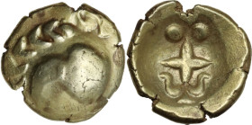 Celtic World. Vindelici. AV Stater, 'Regenbogenschüsselchen' type, 2nd-1st century BC. Obv. Bird's head left within wreath. Rev. Star or cross; three ...