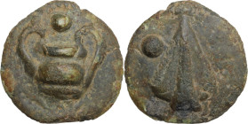 Greek Italy. Umbria, Tuder. Cast AE Uncia, 280-240 BC. Based on an As of about 251g. Obv. Kantharos; above pellet. Rev. Spearhead; to left, pellet; to...