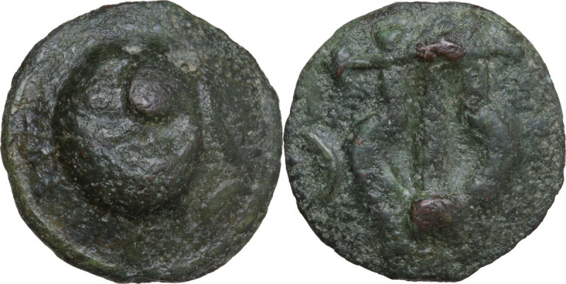 Greek Italy. Umbria, Tuder. AE Cast Semis. Sleeping dog series, 220-200 BC. Obv....
