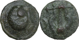 Greek Italy. Umbria, Tuder. AE Cast Semis. Sleeping dog series, 220-200 BC. Obv. Sleeping dog. Rev. Lyre. HN Italy 46; Vecchi ICC 223; Haeberlin pl. 8...