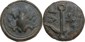 Greek Italy. Umbria, Tuder. AE Cast Quadrans. Sleeping dog series, 220-200 BC. Obv. Frog; single pellet left, two pellets right. Rev. Anchor; TV left;...