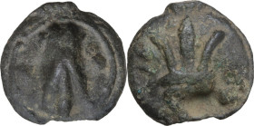 Greek Italy. Umbria, Tuder. AE Cast Sextans. Sleeping dog series, c. 220-200 BC. Obv. Cicada; pellet to left and right. Rev. Trident, VT and two pelle...