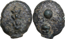 Greek Italy. Uncertain Umbria or Etruria. AE Cast Sextans, 3rd cent. BC. Obv. Club. Rev. Two pellets. HN Italy 54; Haeberlin pl. 81, 40-41; Vecchi ICC...