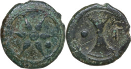 Greek Italy. Etruria, uncertain mint. AE Uncia. Circa 3rd century BC. Obv. Wheel of six spokes, pellet within. Rev. Bipennis; pellet (mark of value) a...