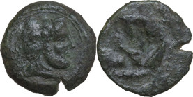 Greek Italy. Uncertain Central Etruria. Incuse Centesimal Group. AE 30-Units, late 4th-3rd century BC. Obv. Bearded head of Hercle right, wearing lion...