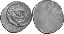 Greek Italy. Etruria, Populonia. AR 10 Units. First Metus Group, c. 425-400 BC. Obv. Head of Metus facing, hair bound with diadem; below, X. Rev. Blan...