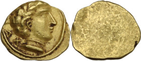 Greek Italy. Etruria, Populonia. AV 25-Asses, 3rd century BC. Obv. Bare male head right, with curly hair and wearing necklace; XXV behind. Rev. Blank....