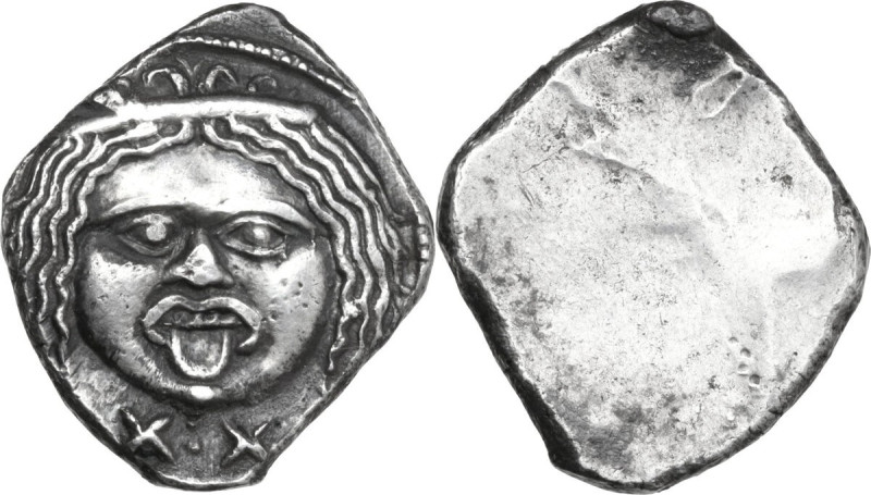 Greek Italy. Etruria, Populonia. AR 20-Asses. Obv. Head of Metus facing, hair bo...