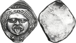 Greek Italy. Etruria, Populonia. AR 20-Asses. Obv. Head of Metus facing, hair bound with diadem; below, X - X. Rev. Blank. Vecchi EC 58; HN Italy 152;...