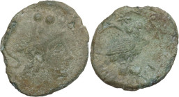 Greek Italy. Etruria, Populonia. AE Sextans, 3rd century BC. Obv. Head of Menvra right, wearing crested Corinthian helmet; above, two pellets. Rev. Ow...