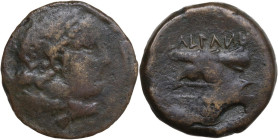 Greek Italy. Etruria, Populonia. AE Sextans, late 3rd century BC. Obv. Head of young Hercle right, bound with diadem; on shoulder, club. Rev. Two pell...