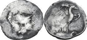 Greek Italy. Central Italy, Alba Fucens. AR Obol, c. 280-275 BC. Obv. Head of Minerva right, wearing crested Corinthian helmet. Rev. Eagle right on th...