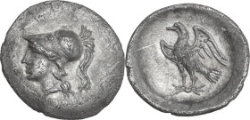 Greek Italy. Central Italy, Alba Fucens. AR Obol, c. 280-275 BC. Obv. Head of Minerva left, wearing crested Corinthian helmet. Rev. Eagle standing lef...