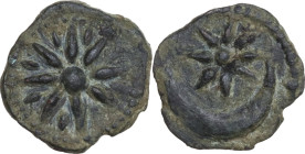 Greek Italy. Central Italy, uncertain mint. AE 13 mm, c. 3rd century BC. Obv. Sixteen-rayed star. Rev. Eight-rayed star over crescent. HN Italy -, but...