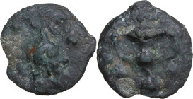 Greek Italy. Central Italy, uncertain mint. AE Cast Quadrans, c. 300-250 BC. Obv. Crested helmet; three pellets. Rev. Kantharos; three pellets. HN Ita...