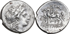 Greek Italy. Samnium, Southern Latium and Northern Campania, Suessa Aurunca. AR Didrachm, c. 265-240 BC. Obv. Laureate head of Apollo right; thunderbo...