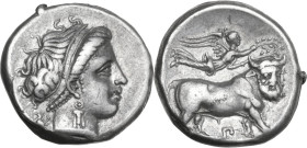 Greek Italy. Central and Southern Campania, Neapolis. AR Didrachm, c. 300-280 BC. Obv. Head of female left; behind, Artemis, holding two torches, runn...
