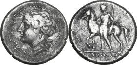 Greek Italy. Central and Southern Campania, Nuceria Alfaterna. AR Didrachm, c. 250-225 BC. Obv. Head of Carneius left, ram's horn in hair; Oscan legen...