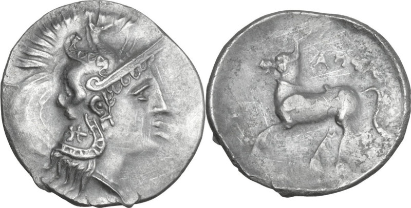 Greek Italy. Northern Apulia, Arpi. AR Diobol, c. 325-275 BC. Obv. Head of Athen...